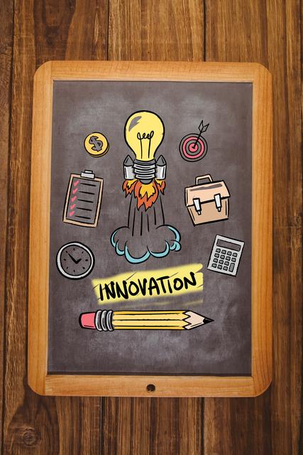 Chalkboard featuring a creative innovation concept with hand-drawn business icons such as a light bulb, rocket, clipboard, target, briefcase, clock, and calculator. Ideal for use in presentations, educational materials, startup promotions, and business strategy discussions.