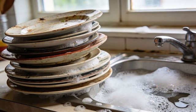 Running faucet filling soapy sink with stacked dirty plates showing kitchen cleanup