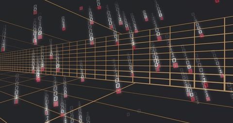 Glowing orange wireframe grid receding into cyberspace with falling binary streams