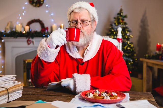 Santa Claus is sitting at a table, enjoying a cup of coffee while holding a letter. The room is festively decorated with a Christmas tree, wreaths, and candles, creating a cozy holiday atmosphere. This image is perfect for holiday greeting cards, festive advertisements, Christmas promotions, and seasonal blog posts.