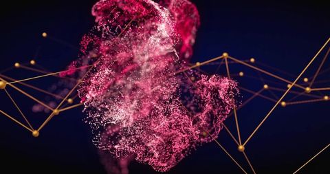 Abstract swirling pink particle cloud with network lines