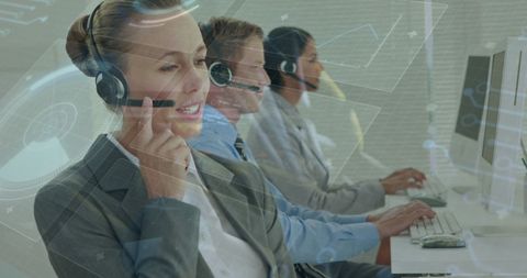 Diverse call center team managing digital data