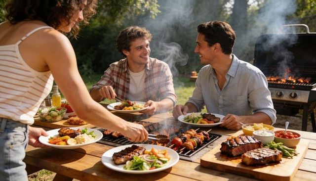Friends enjoying backyard barbecue gathering, grilling steaks and vegetable skewers