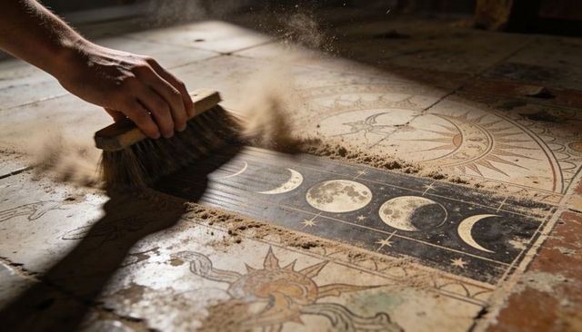 Conservator brushing dust to reveal moon phase inlay on vintage tiled floor