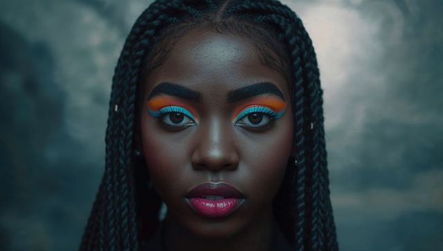 Portrait with Vivid Makeup and Detailed Braids under Dramatic Lighting