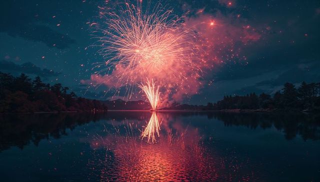 Vibrant fireworks reflected over tranquil lake at night