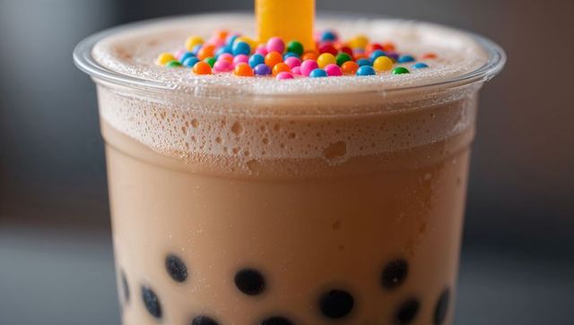 Creamy bubble tea with black tapioca pearls and colorful candy sprinkles