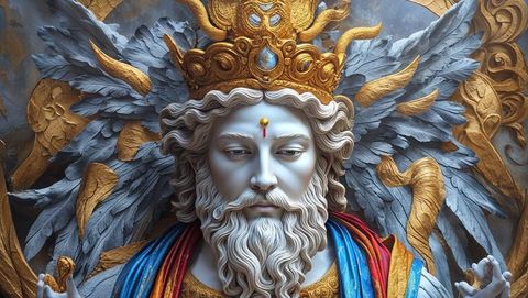 Regal marble bust of god with golden crown and wings