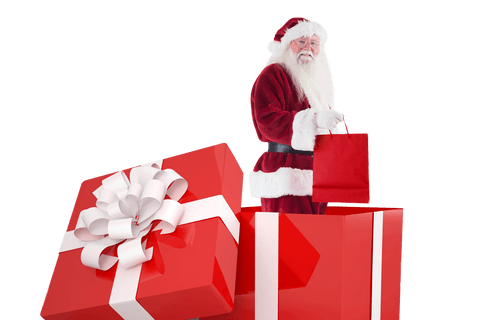 Transparent Santa Claus Standing in Oversized Holiday Gift