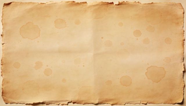 Vintage aged parchment paper with coffee ring stains, fold creases and frayed edges