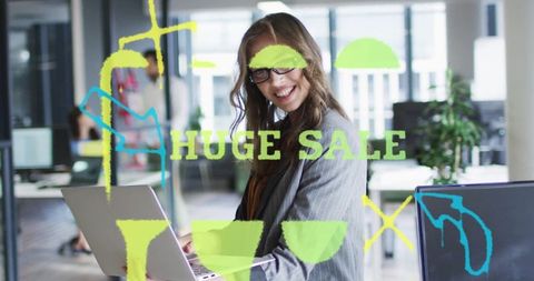 Smiling Businesswoman Preparing for Huge Office Sale Event