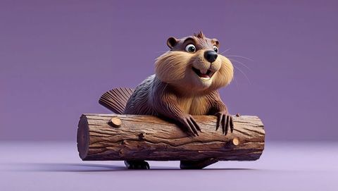 Cheerful cartoon beaver with log in studio