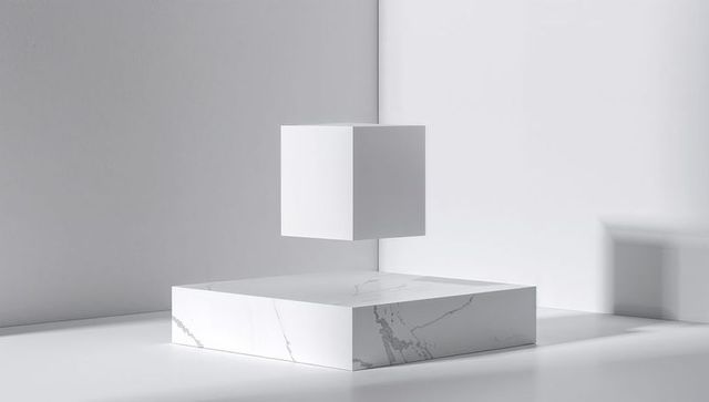 Floating White Cube Over Marble Platform in Minimalist Setting