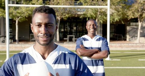 Confident African American Rugby Players on Outdoor Field