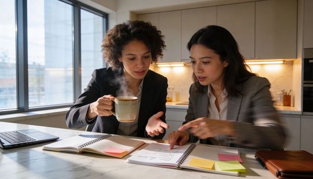 Two businesswomen collaborating over spiral notebooks at marble counter with steaming mug