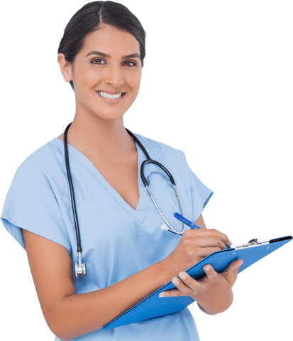 Smiling medical professional holding clipboard on transparent background