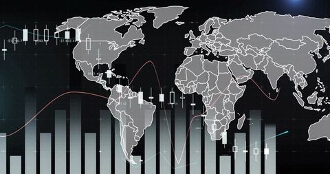 Overlaying grayscale world map with candlestick charts and rising bar graph