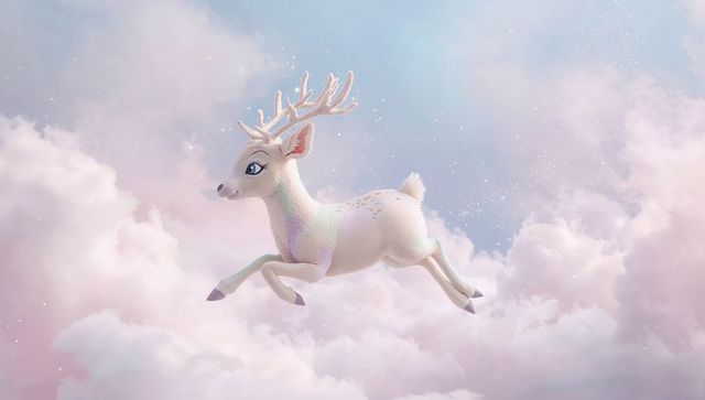 Leaping iridescent white deer over pastel cloudscape with sparkling light