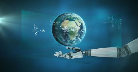 globe hovering above robotic hand with mathematical background - Download Free Stock Images Pikwizard.com