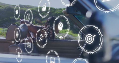 Woman Embracing Adventure in Convertible with Digital Overlay