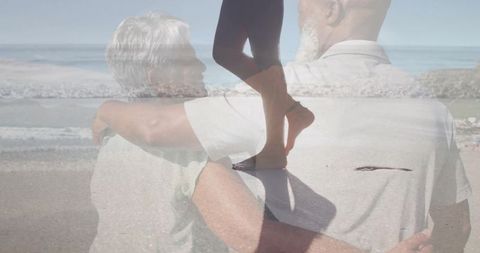 Romantic Mature Couple Embracing on Beach with Silhouetted Serenity