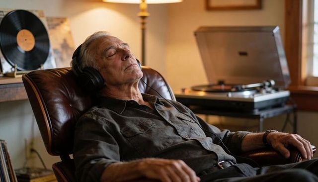 Senior man reclining, wearing over-ear headphones, listening to vinyl on vintage turntable