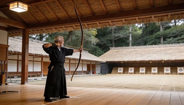 Senior kyudo archer drawing yumi in traditional dojo with thatched target range