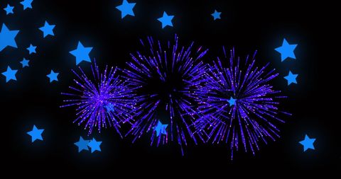 Blue Stars with Vibrant Fireworks Celebration Scene