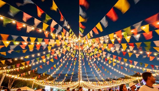 Radiating string lights and colorful pennant canopy over bustling night festival crowd