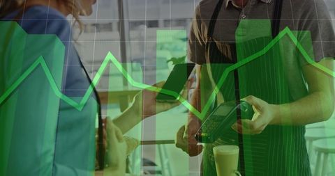 Customer paying with smartphone at retail coffee counter