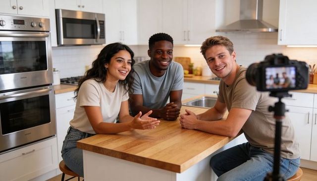 Three friends filming kitchen vlog together on tripod at home island counter