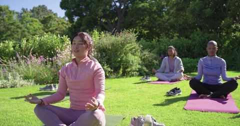 Diverse group meditation on lawn practicing mindfulness and relaxation on yoga mats in garden