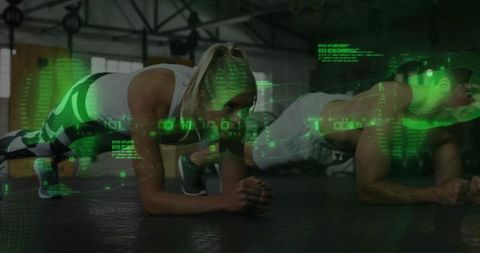 Partners performing forearm plank with futuristic green hud overlay for high-tech fitness