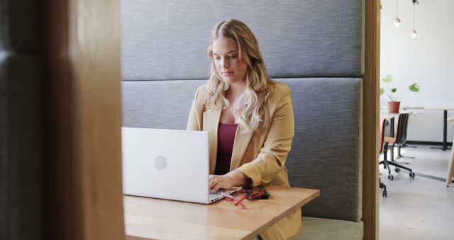 Woman Working on Laptop in Modern Office Booth - Download Free Stock Images Pikwizard.com