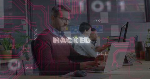 Cybersecurity Breach Concept with Overlay at Modern Office