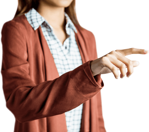 Caucasian businesswoman touching virtual interface transparent background