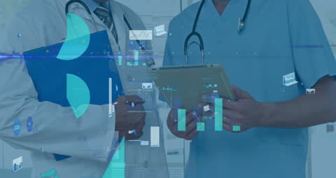 Healthcare Professionals Analyzing Financial Data on Tablet