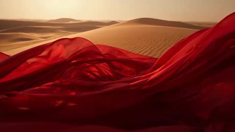 Flowing Red Fabric Dancing in Desert at Sunrise