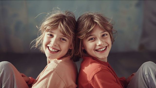 Smiling siblings sitting back to back in cozy ambiance