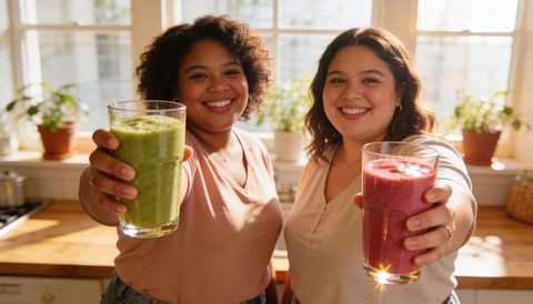 Happy women presenting healthy green and berry smoothies in sunlit kitchen