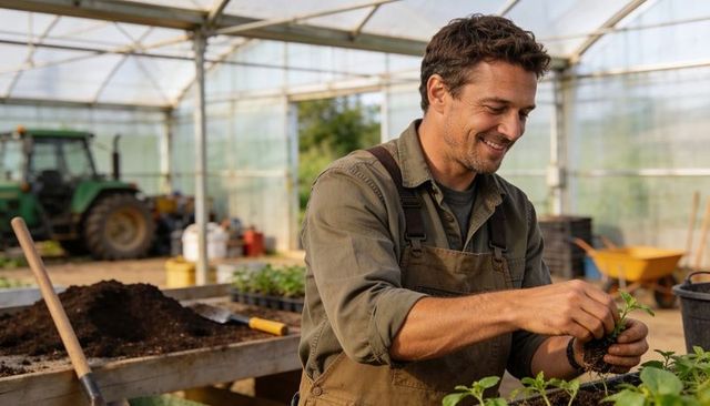 Smiling gardener planting seedlings on potting bench in greenhouse wearing brown overalls