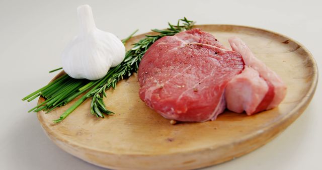 Raw meat is prepared for cooking alongside fresh herbs on a wooden cutting board, with copy space. Fresh ingredients like these are essential for creating flavorful and aromatic dishes.