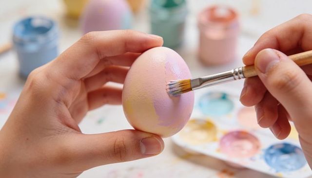 Hands painting pastel easter egg with flat brush on craft table