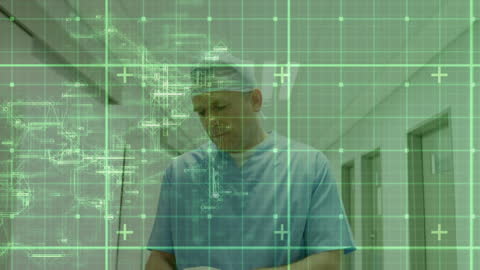 Surgeon Walking Amidst Digital Data Overlay in Hospital Corridor