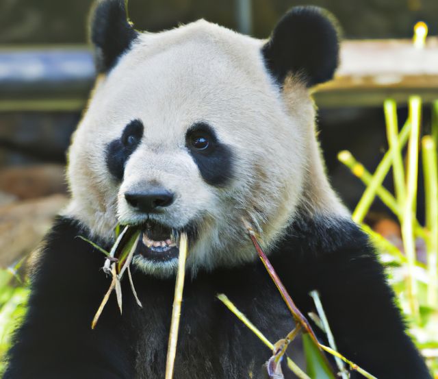 Giant panda bear chewing on bamboo sticks, enjoying a meal in natural habitat. Relates to wildlife photography, conservation efforts, education about endangered species, presentations on natural habitats, and eco-tourism promotions.