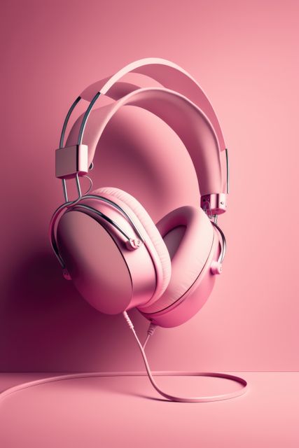 Close up of pink headphones with wire on pink background created using generative ai technology. Technology and music concept digitally generated image.