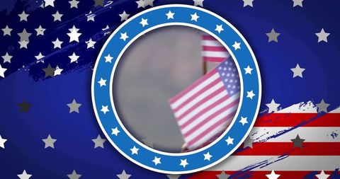 Patriotic circular badge framing blurred us flags waving on blue star background
