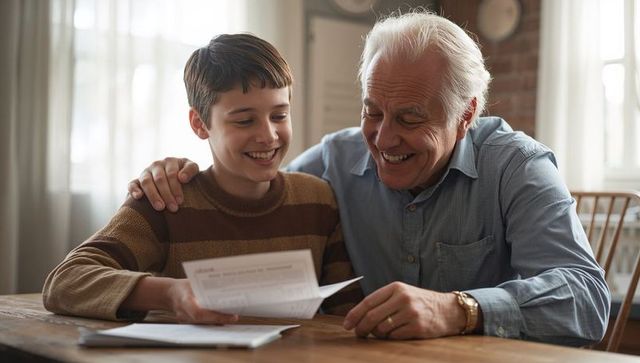 Granddad and grandson smiling while reading letters at sunlit home table, family warmth