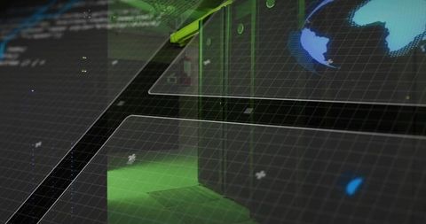 Futuristic data center with glowing server racks and ui panels