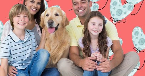 Happy Family with Dog Celebrating Together on Pink Heart Background